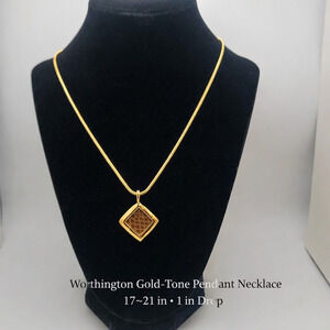 Vintage Worthington Gold-Tone Necklace with Textured Faux Leather Inlay Pendant